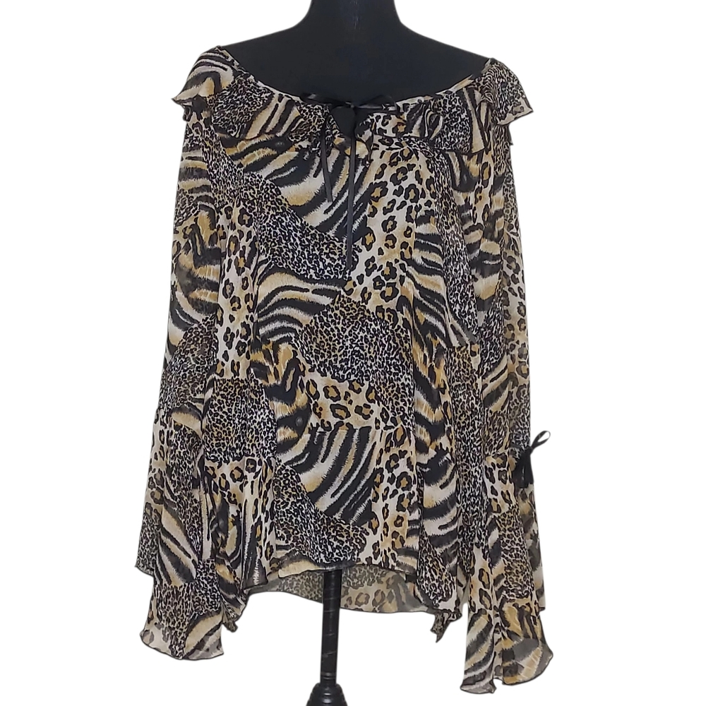 VTG Y2K Women 1X Sheer Flowy Fluted Sleeve Romantic Ruffle Gypsy Boho Top Scarf